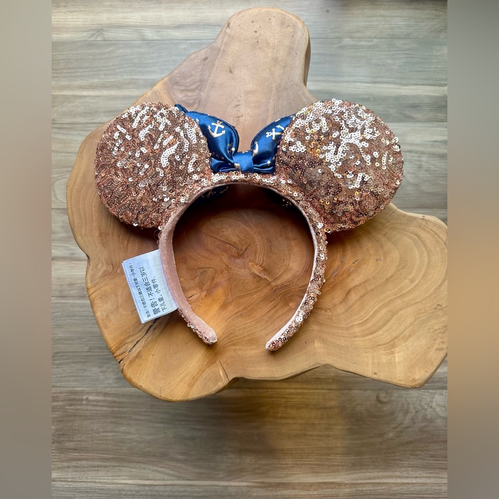 Disney Cruise Line Minnie Mouse Ears Headband Rose Gold Sequin Blue Bow Nautical - Picture 5 of 8